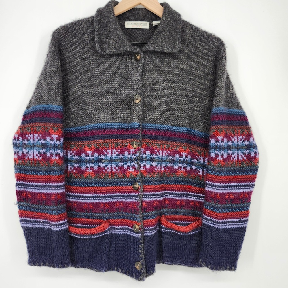 Valerie Stevens Sport Fair Isle Wool Knit Cardigan Womens‎ Medium Oversized Boxy
